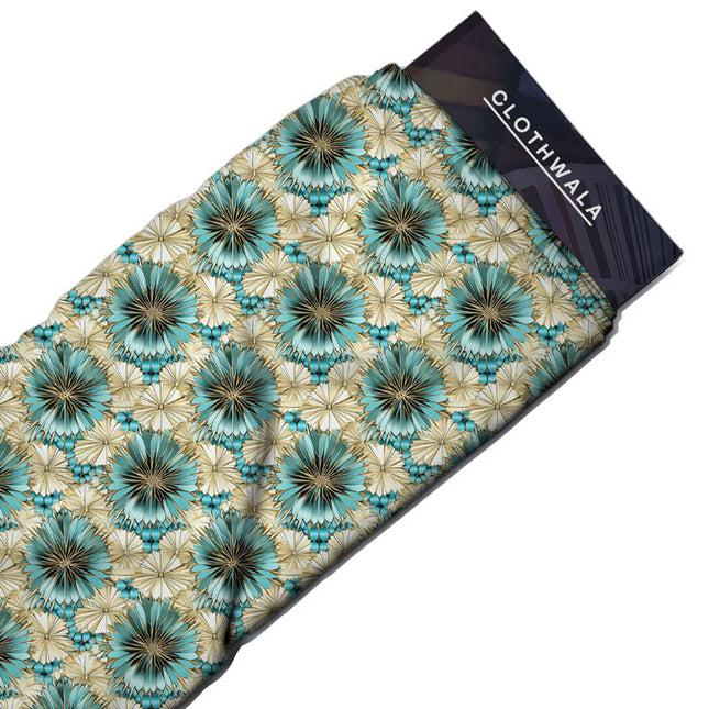 Hotpick Aqua Floral Burst Soft Crepe Printed Fabric