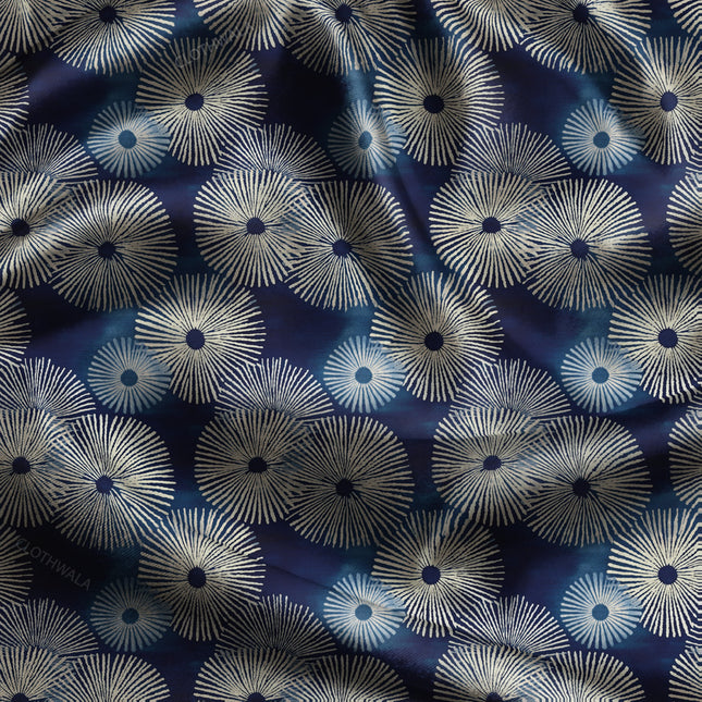 Trendy Sapphire Abstract Sea Anemone uSoft Satin Printed Fabric