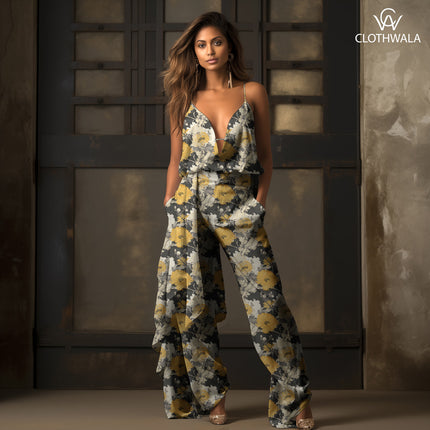 Hotpick Golden Floral Poppy Nocturne uSoft Satin Printed Fabric