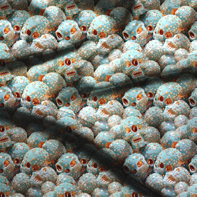 Trendy Aqua Novelty Skull Soft Crepe Printed Fabric