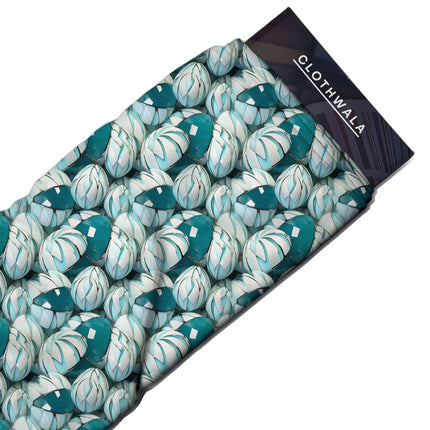 Trendy Aqua Floral Petal Soft Crepe Printed Fabric