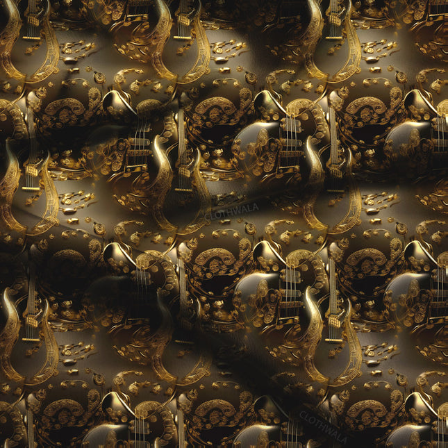 Premium Melodic Ornamental Gold Soft Crepe Printed Fabric