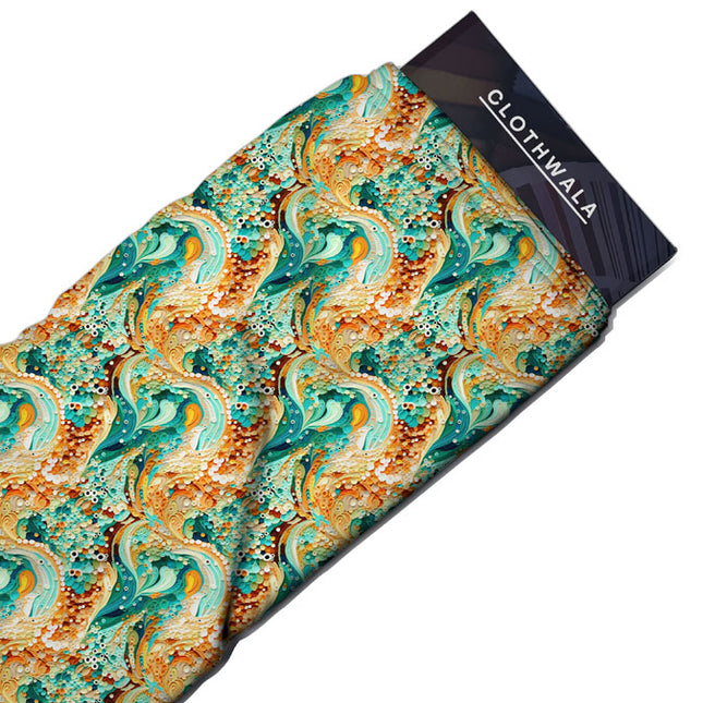 Hotpick Gilded Abstract Aqua Swirl Soft Crepe Printed Fabric