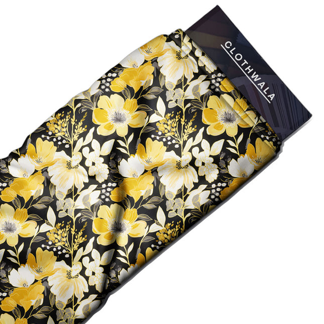 Premium Midnight Floral Marigold uSoft Satin Printed Fabric