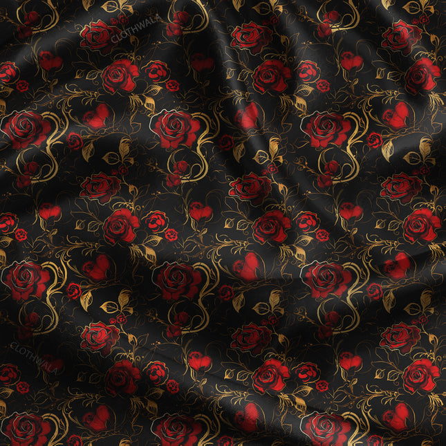 Trendy Golden Floral Rose uSoft Satin Printed Fabric