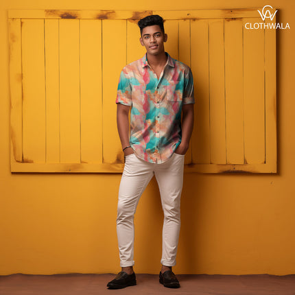 Must-Have Aqua Abstract Flame Soft Crepe Printed Fabric