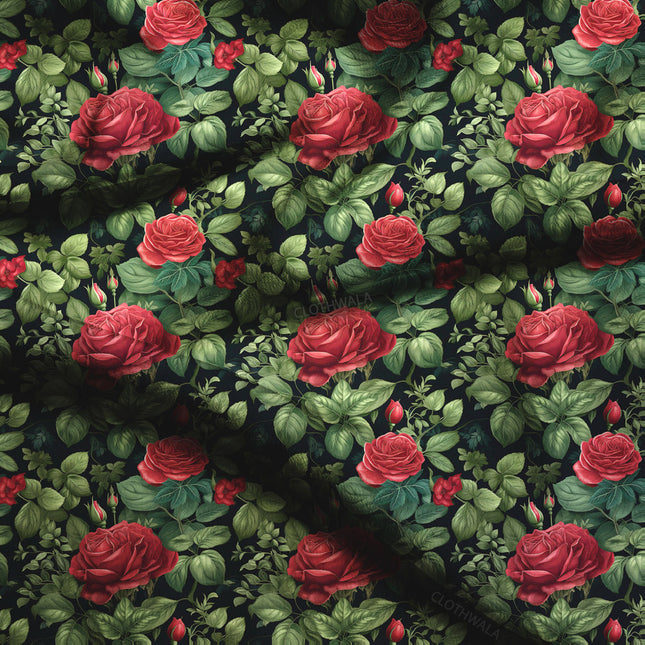 Premium Midnight Floral - Romantic Night Rose Rendezvous Soft Crepe Printed Fabric