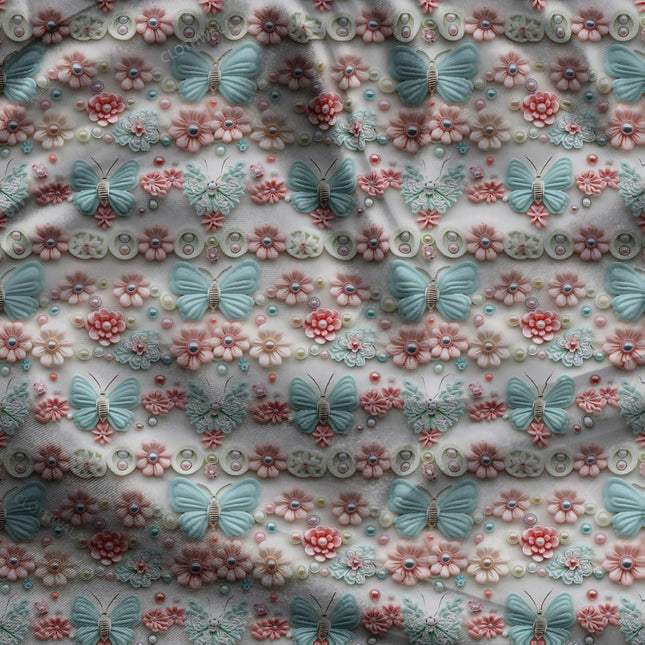 Trendy Butterfly Floral Lace uSoft Satin Printed Fabric