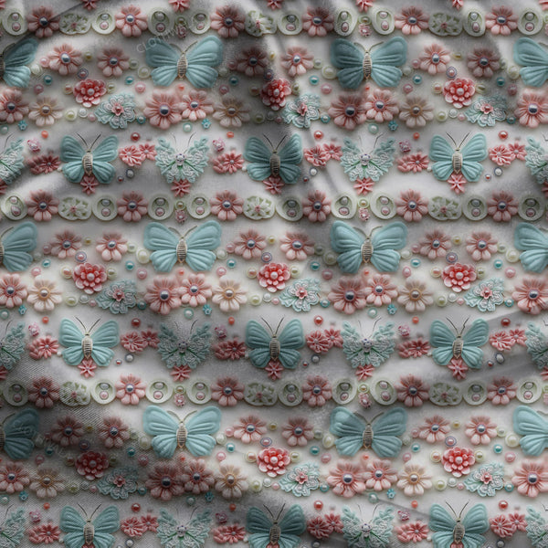 Trendy Butterfly Floral Lace uSoft Satin Printed Fabric