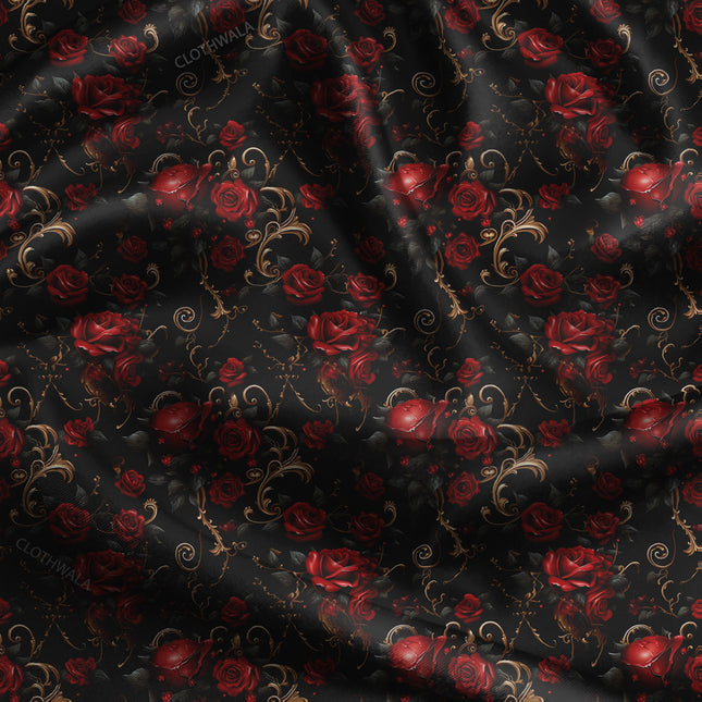 Hotpick Midnight Floral Rose uSoft Satin Printed Fabric