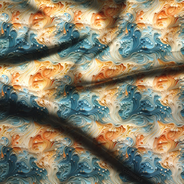 Luxury Aqua Abstract Flame Soft Crepe Printed Fabric