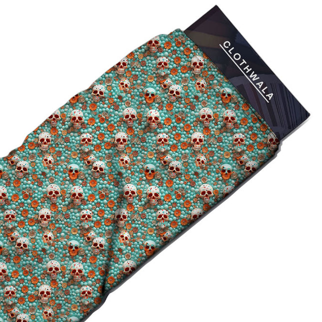 Must-Have Aqua Floral Calavera uSoft Satin Printed Fabric