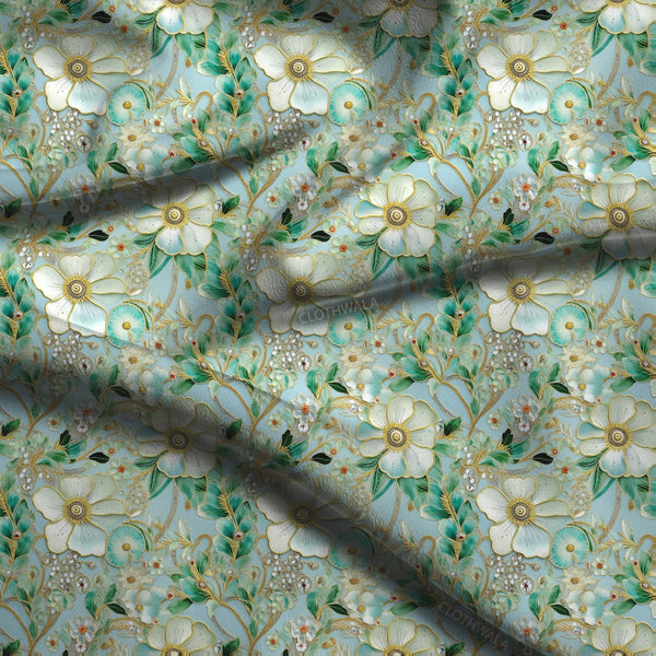 Trendy Aqua Floral Whisper Soft Crepe Printed Fabric